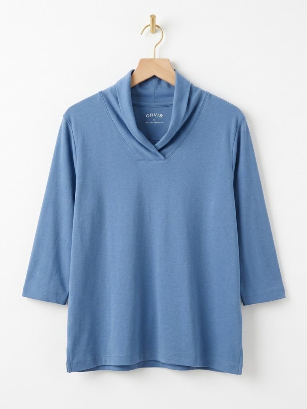 Cowl Neck Top XL Dusty Slate Blue 3/4 Sleeve Soft Cozy Coastal Grandma Knit